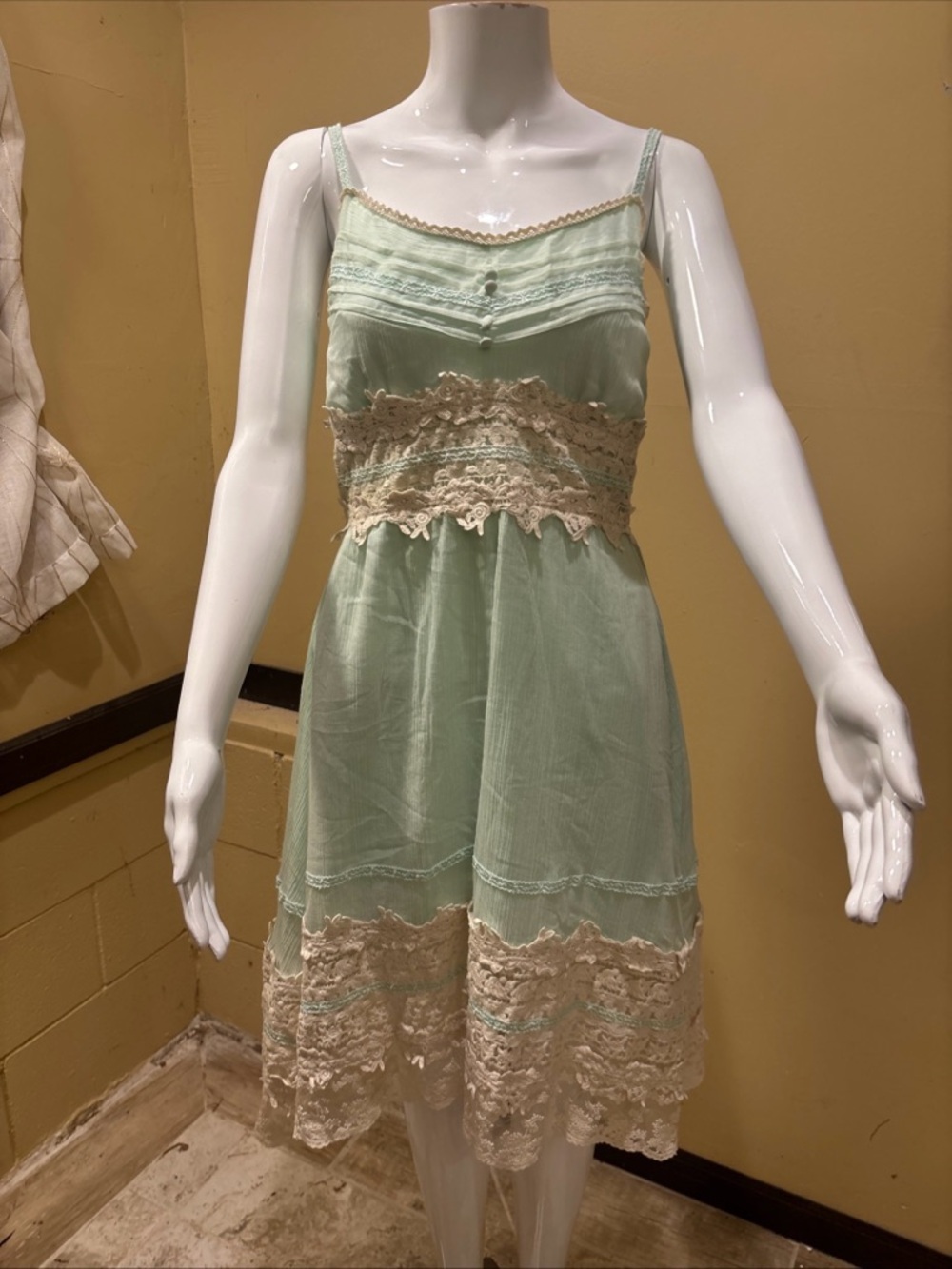 Chicwish Pale Mint Smocked Dress with Lace Trim